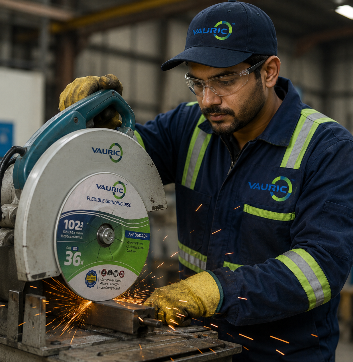 Industrial worker using saw